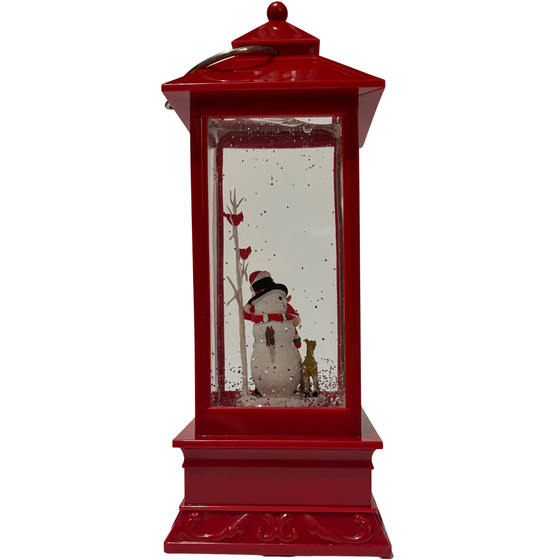 Red Christmas lantern snow globe featuring Santa and a snowman with swirling glitter and warm light.
