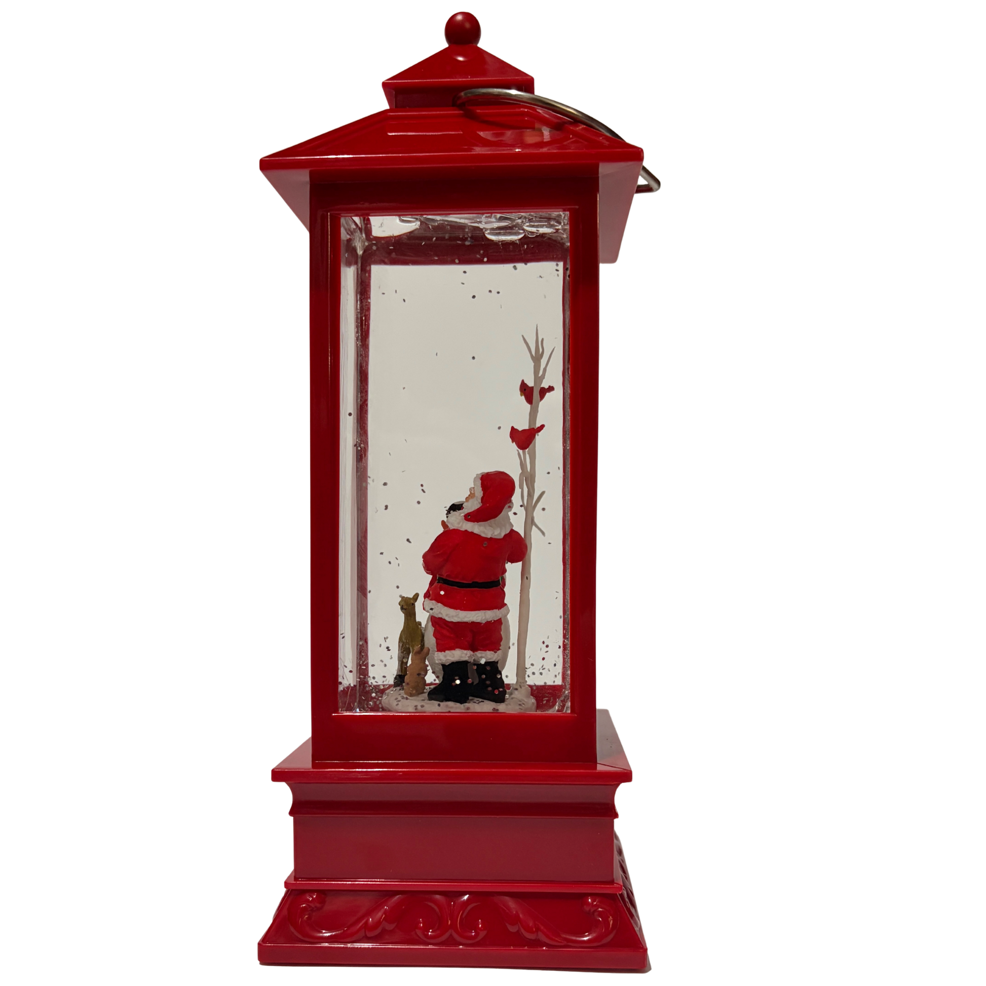 Red Christmas lantern snow globe featuring Santa and a snowman with swirling glitter and warm light.