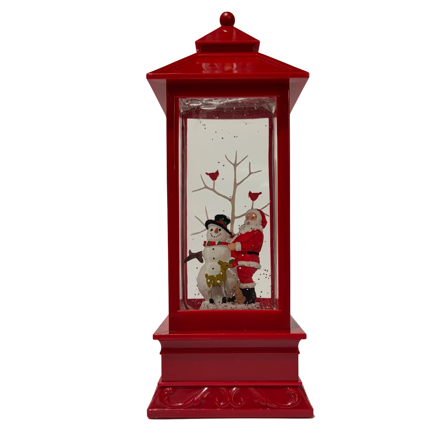 Red Christmas lantern snow globe featuring Santa and a snowman with swirling glitter and warm light.