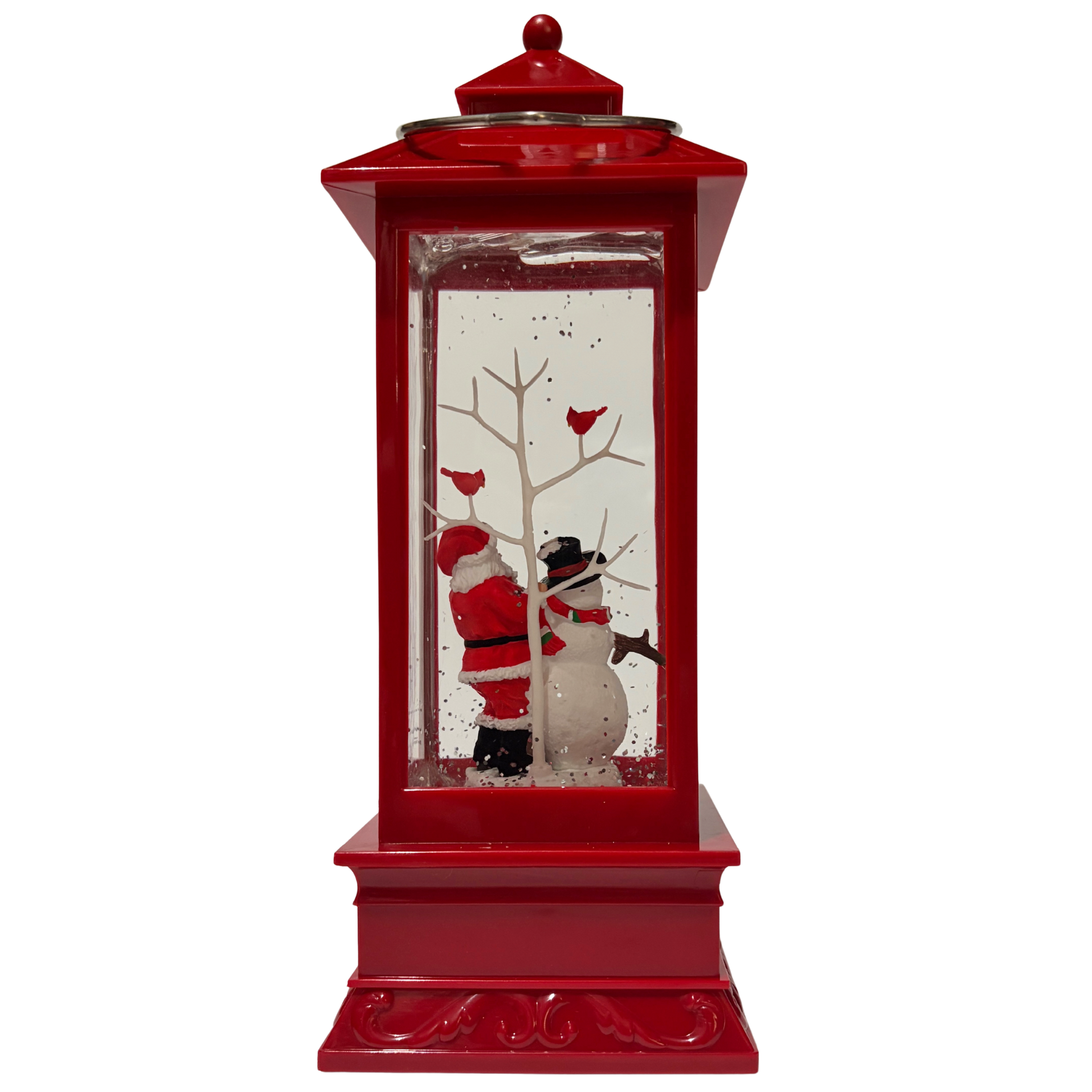 Red Christmas lantern snow globe featuring Santa and a snowman with swirling glitter and warm light.