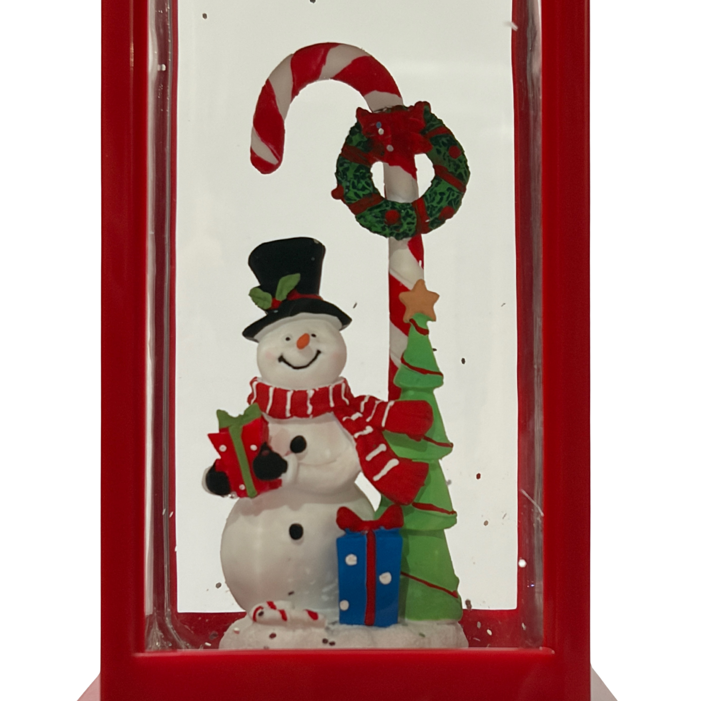 Red Christmas Lantern Snow Globe - Snowman with Candy Cane