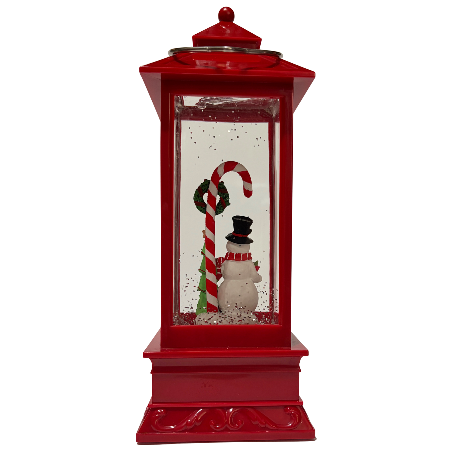 Red Christmas lantern snow globe featuring a snowman holding a candy cane with swirling golden glitter.