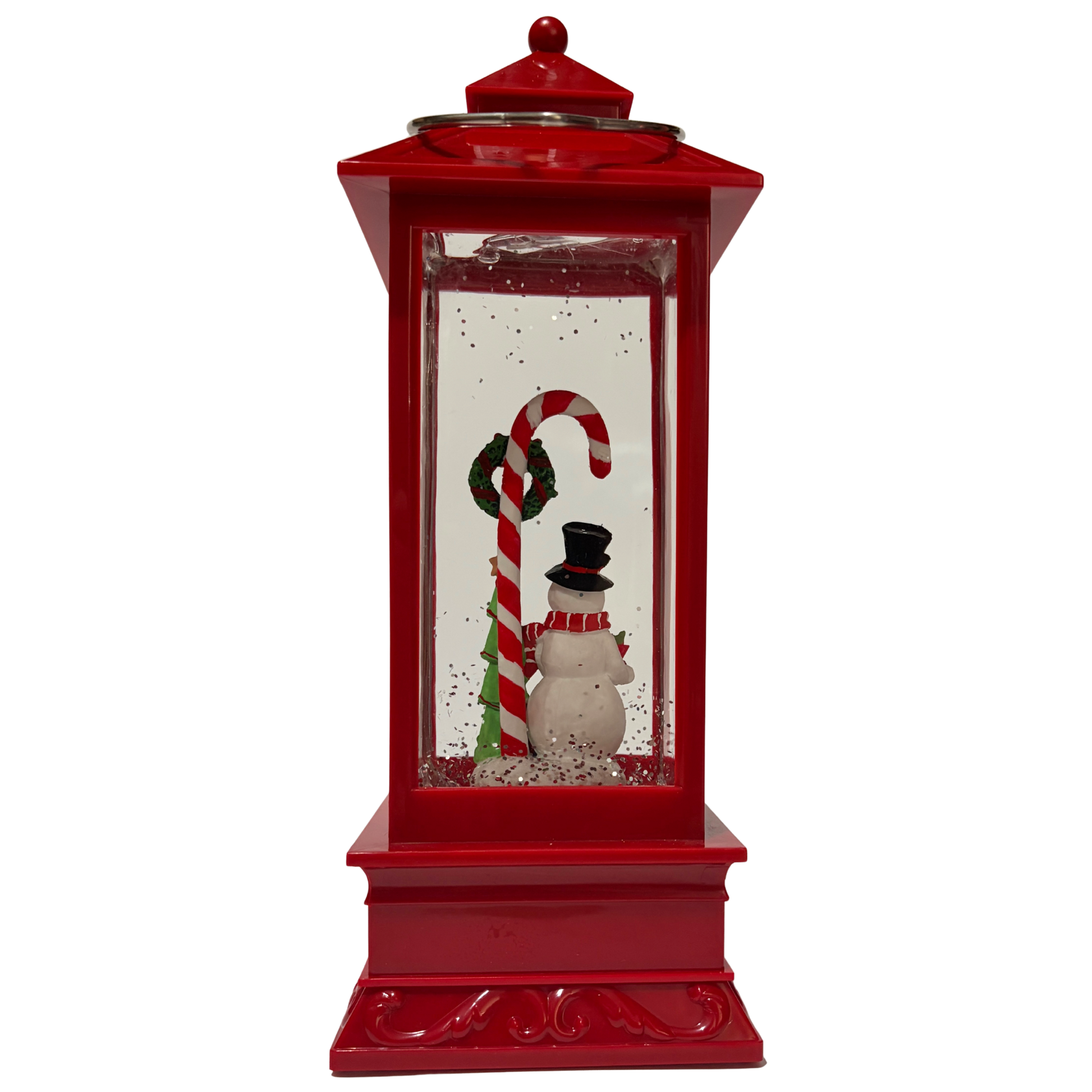Red Christmas lantern snow globe featuring a snowman holding a candy cane with swirling golden glitter.
