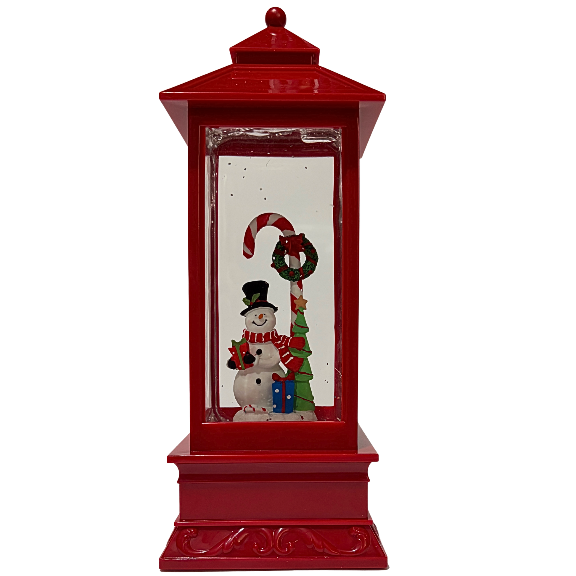 Red Christmas lantern snow globe featuring a snowman holding a candy cane with swirling golden glitter.