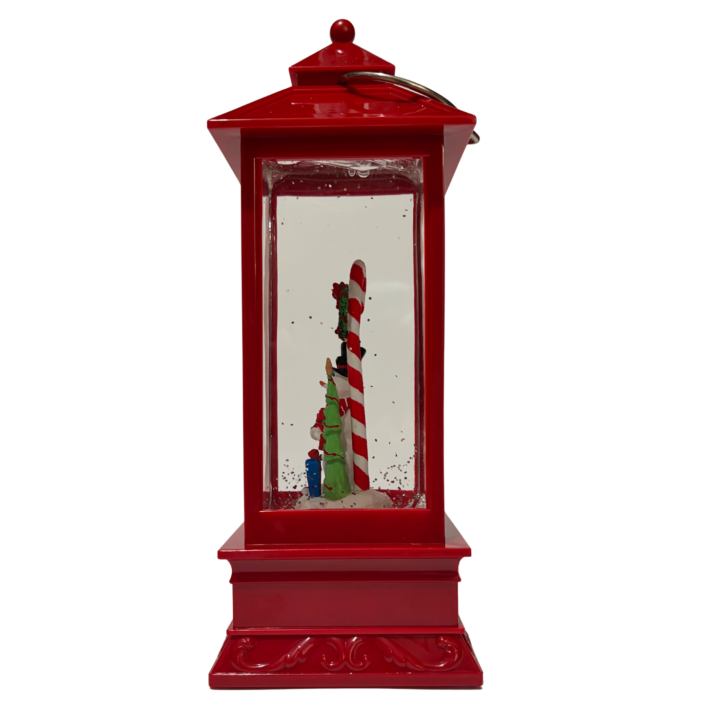 Red Christmas lantern snow globe featuring a snowman holding a candy cane with swirling golden glitter.