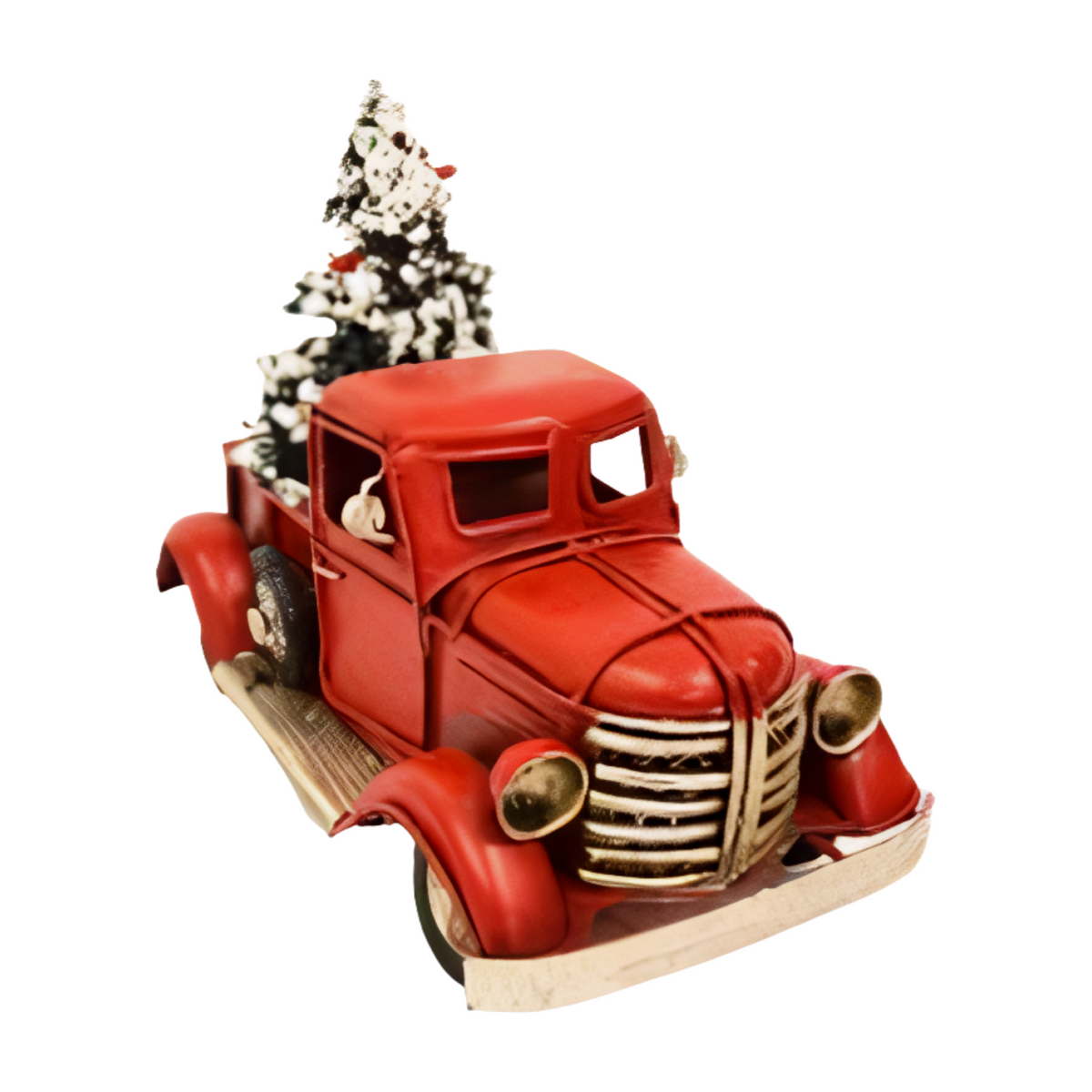 Angled view red vintage-style metal ute carrying a snow-covered Christmas tree in the back
