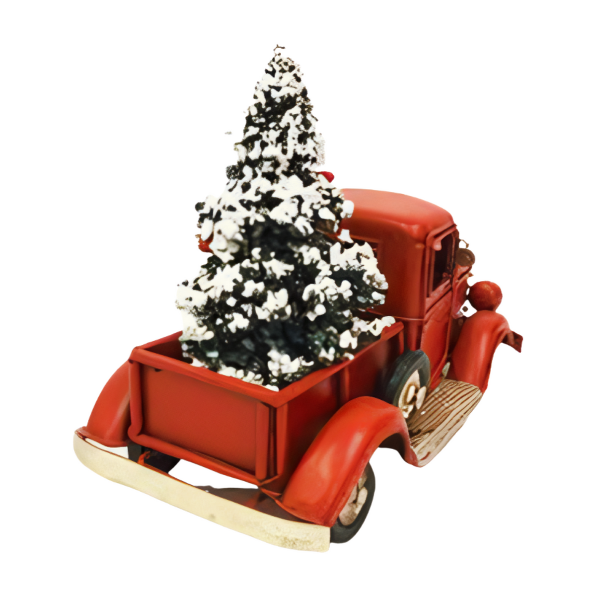 Rear view red vintage-style metal ute carrying a snow-covered Christmas tree in the back