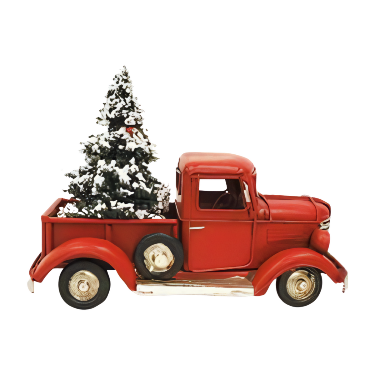 Right view red vintage-style metal ute carrying a snow-covered Christmas tree in the back