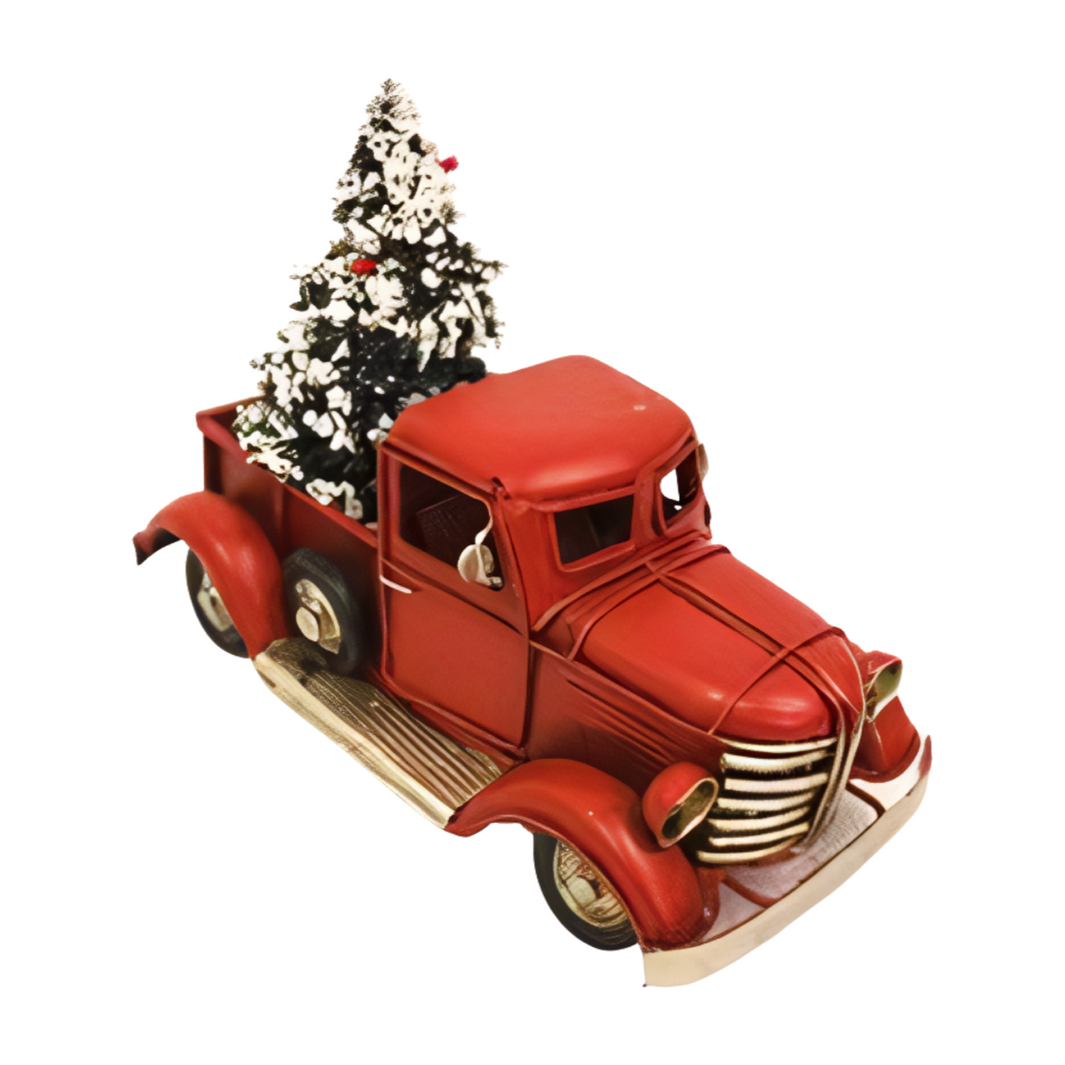 Top view red vintage-style metal ute carrying a snow-covered Christmas tree in the back