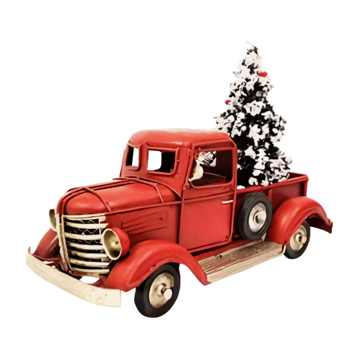 Red vintage-style metal ute carrying a snow-covered Christmas tree in the back