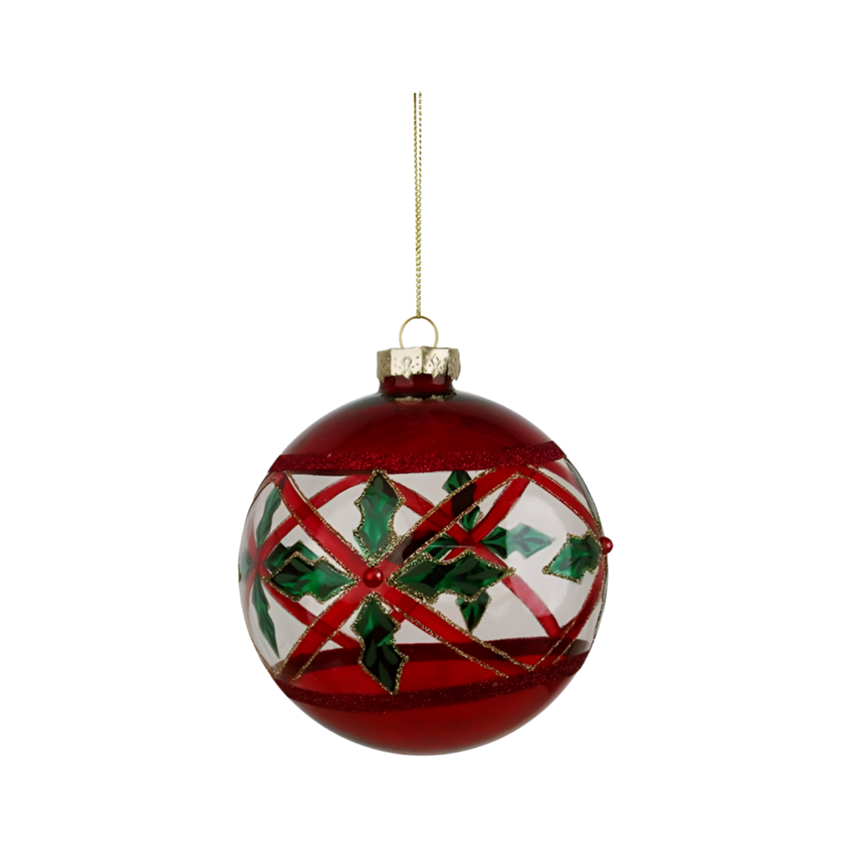 Red and clear glass Christmas bauble with hand-painted holly leaves, red glitter lattice bands, silver cap and gold cord hanger