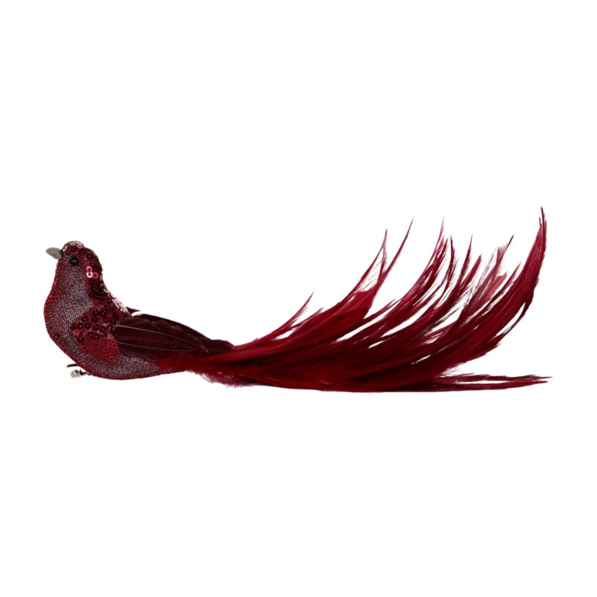 Red bird decoration with sequined body, long feathered tail, and metal clip for attaching to Christmas décor