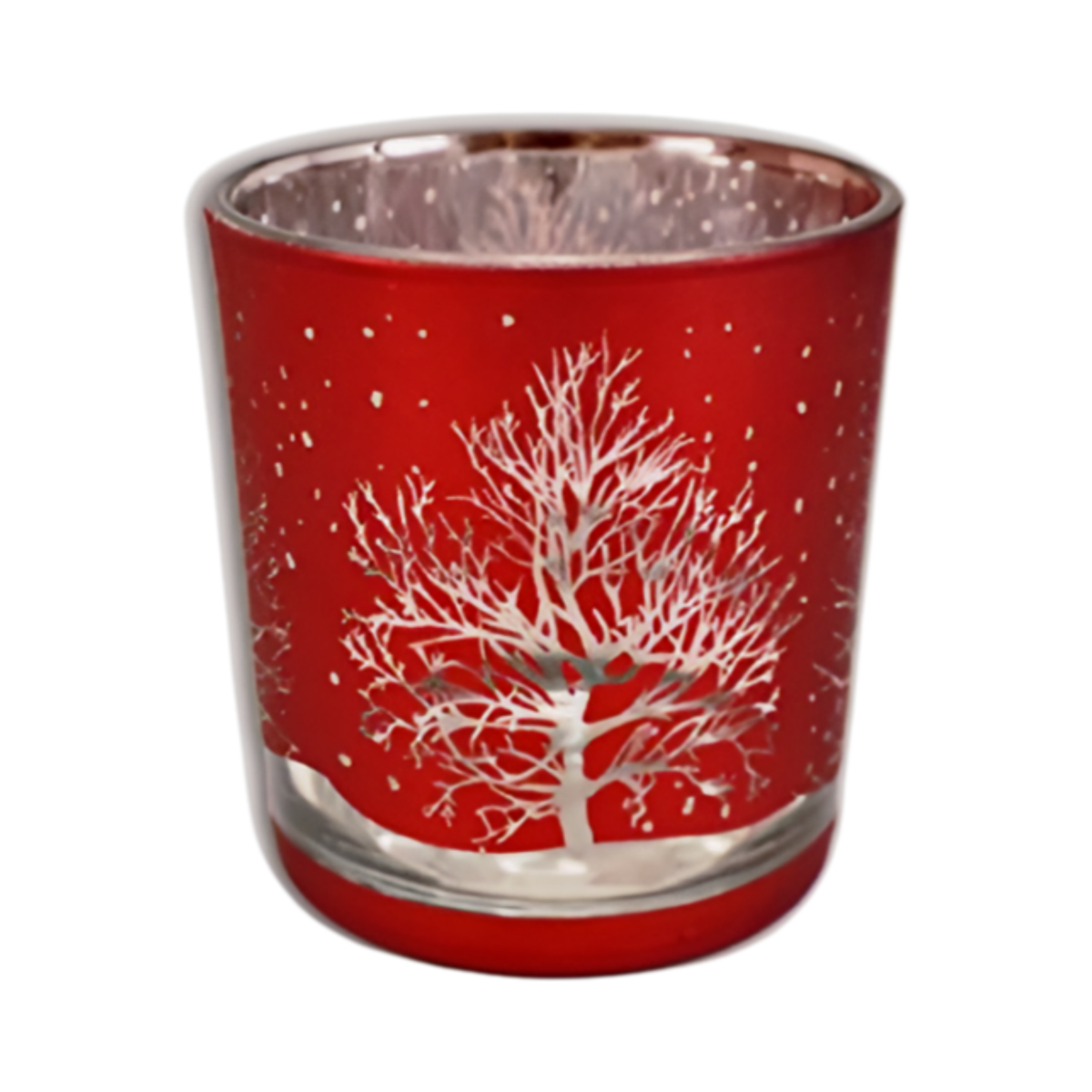 Red frosted glass tealight candle holder with silver winter tree and snowfall design