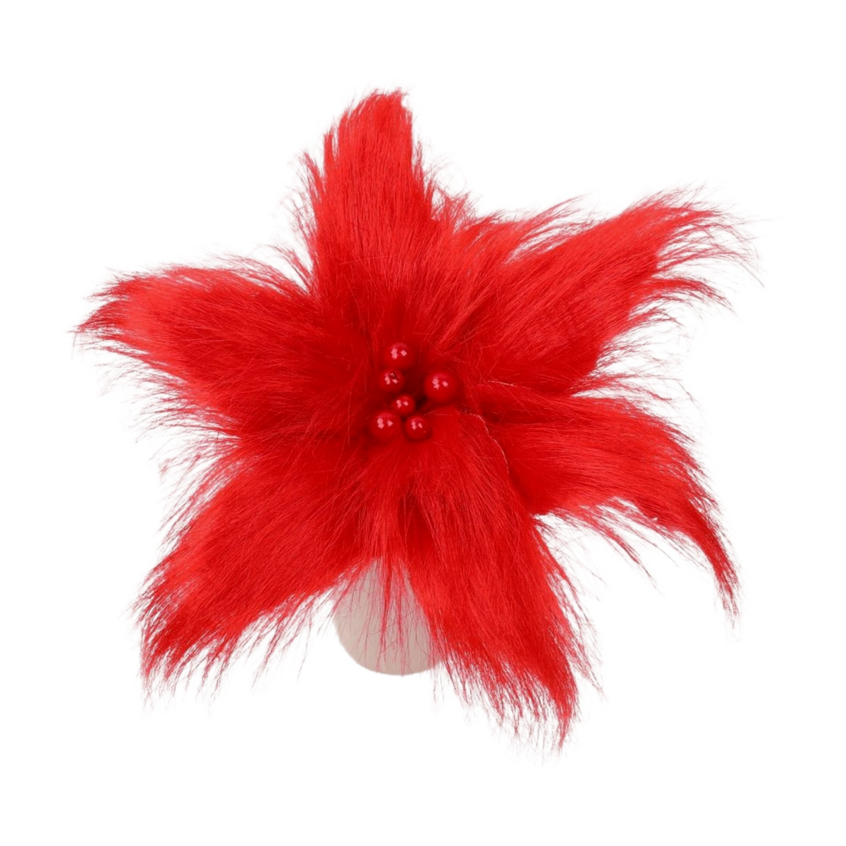 Red furry Christmas flower with glossy red bead centre