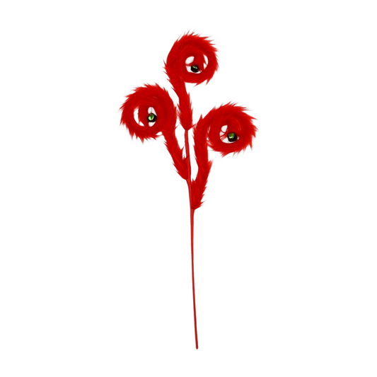 Red furry spiral pick with three green ornaments