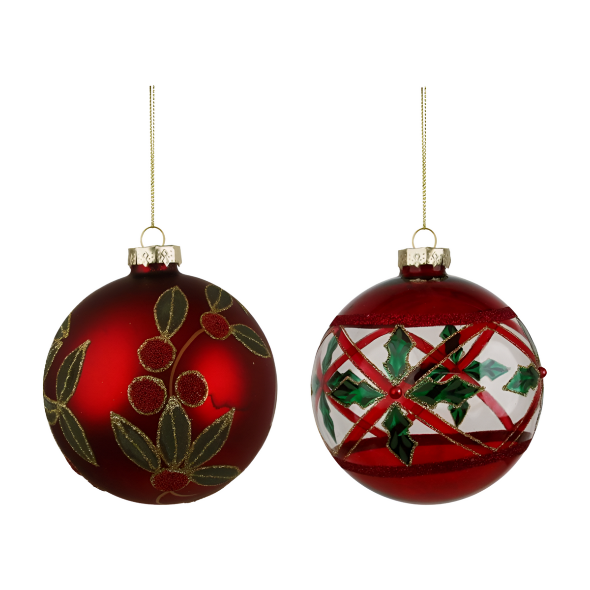 Two red glass hand-painted Christmas baubles — one matte with berry and leaf design, one clear with holly and lattice detail