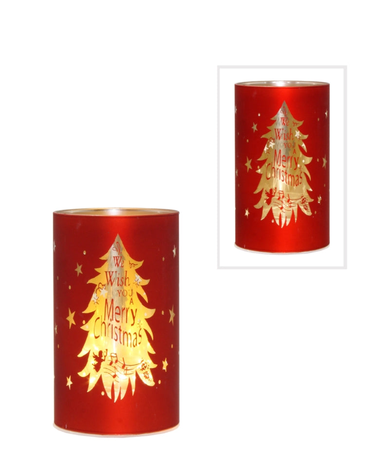 Red glass LED candle featuring a Christmas tree design and festive lettering