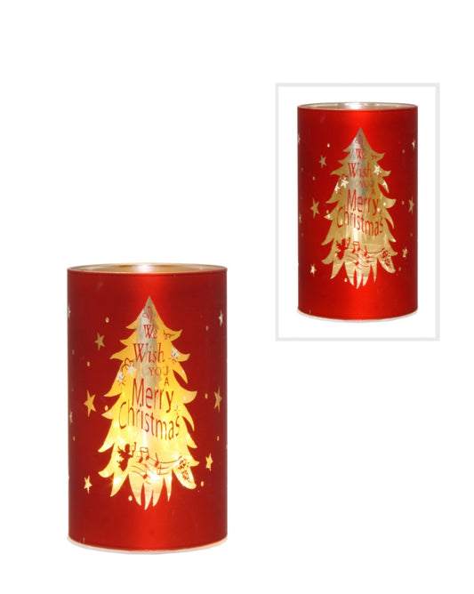 Red glass LED candle featuring a Christmas tree design and festive lettering