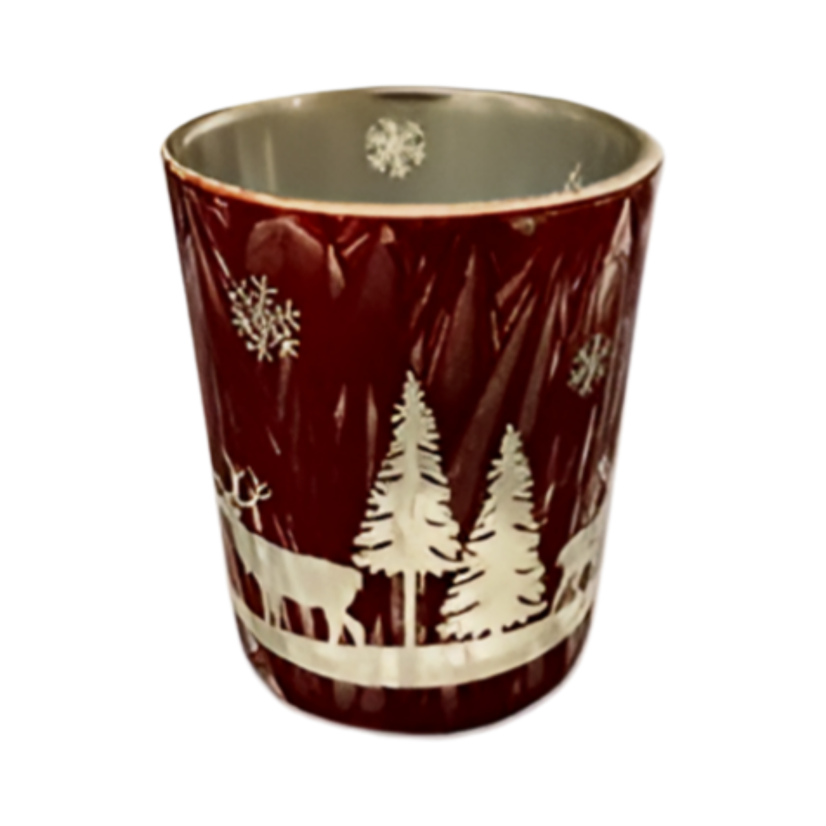 Red glass tealight candle holder with white etched winter forest and reindeer scene