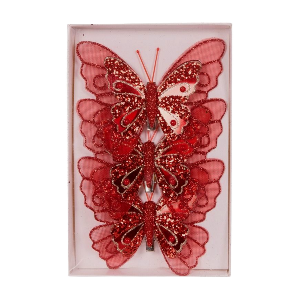 Set of three red glitter butterfly decorations with mesh wings, sequins, and clip attachments in a gift box