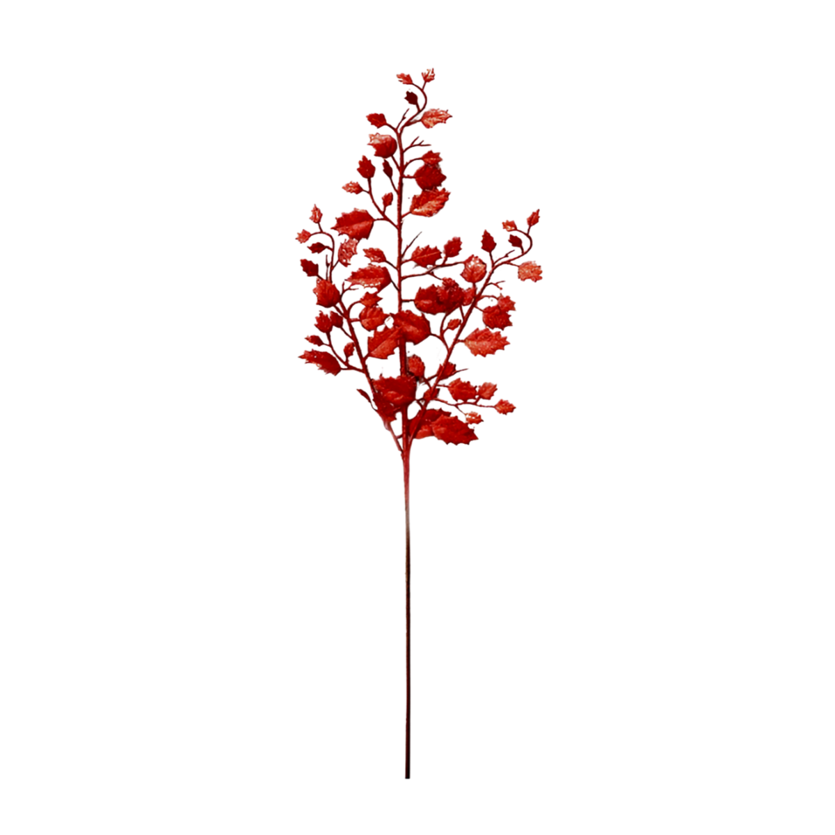Red glitter leaf spray Christmas pick with textured crinkled leaves on a wire stem
