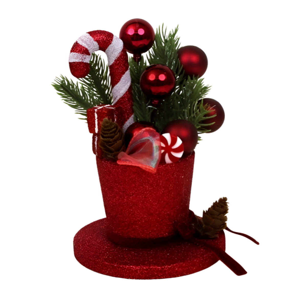 Red glitter top hat Christmas decoration filled with candy cane, red baubles, pine sprigs and peppermint picks