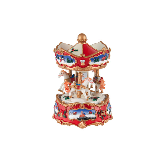 Red and gold Christmas carousel music box with white horses, winter scene panels and gold scrolled base