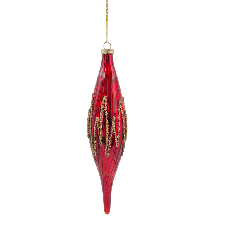 Red glass teardrop Christmas bauble with ribbed finish and gold glitter drip detail around the middle, gold cap and hanging cord