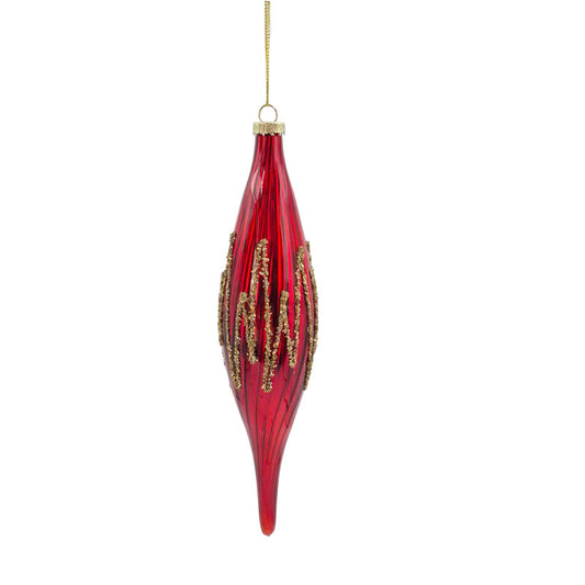 Red glass teardrop Christmas bauble with ribbed finish and gold glitter drip detail around the middle, gold cap and hanging cord