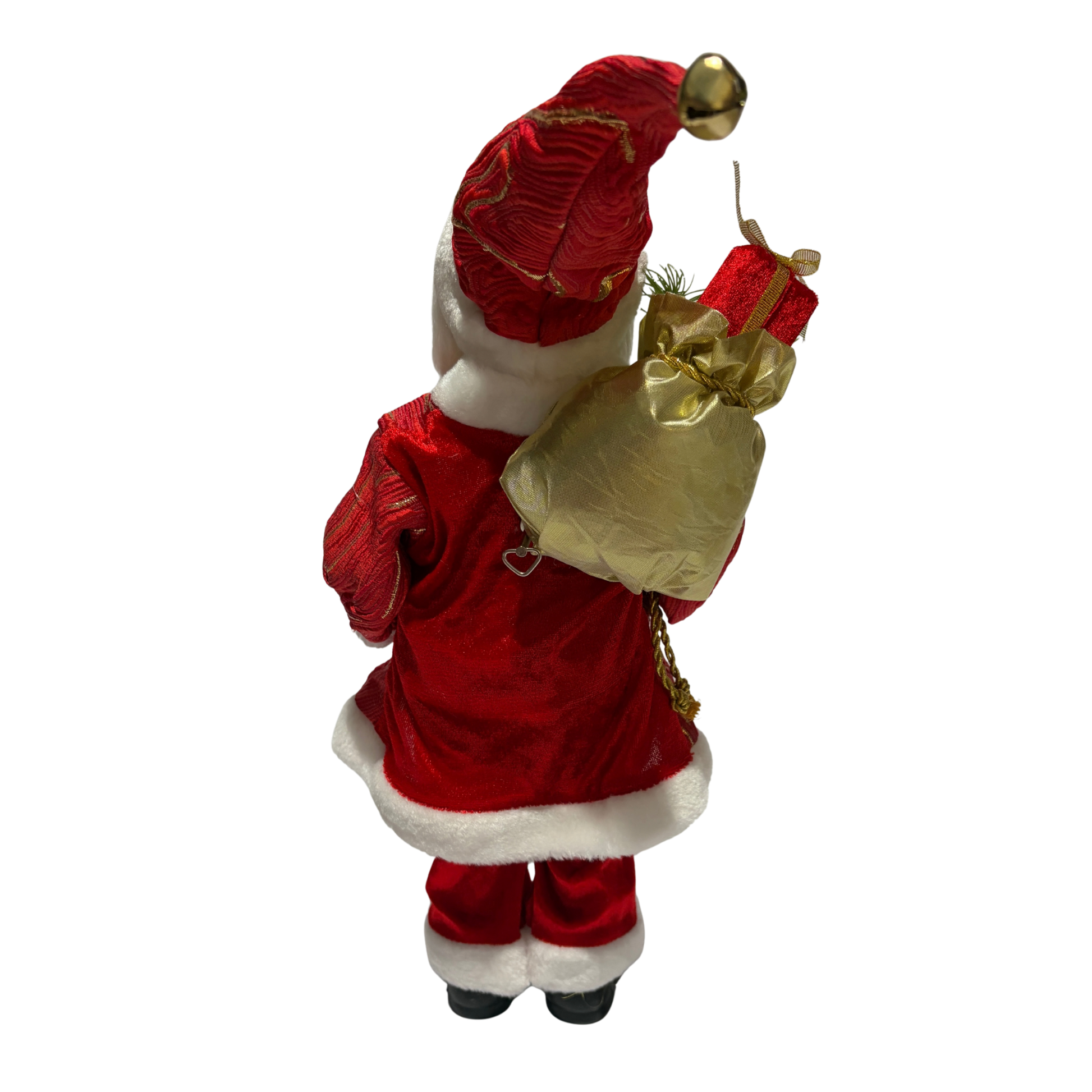Musical Santa dressed in red and gold holding a gift and greenery