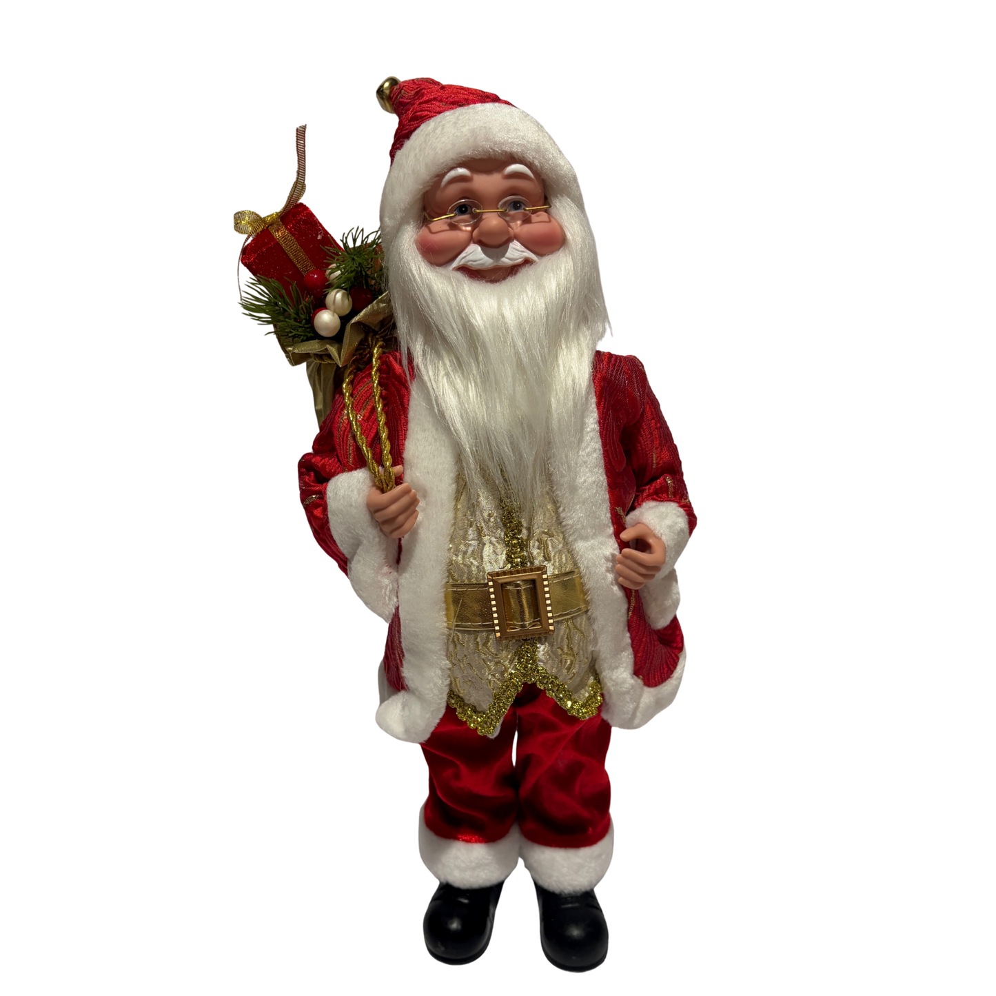 Musical Santa dressed in red and gold holding a gift and greenery