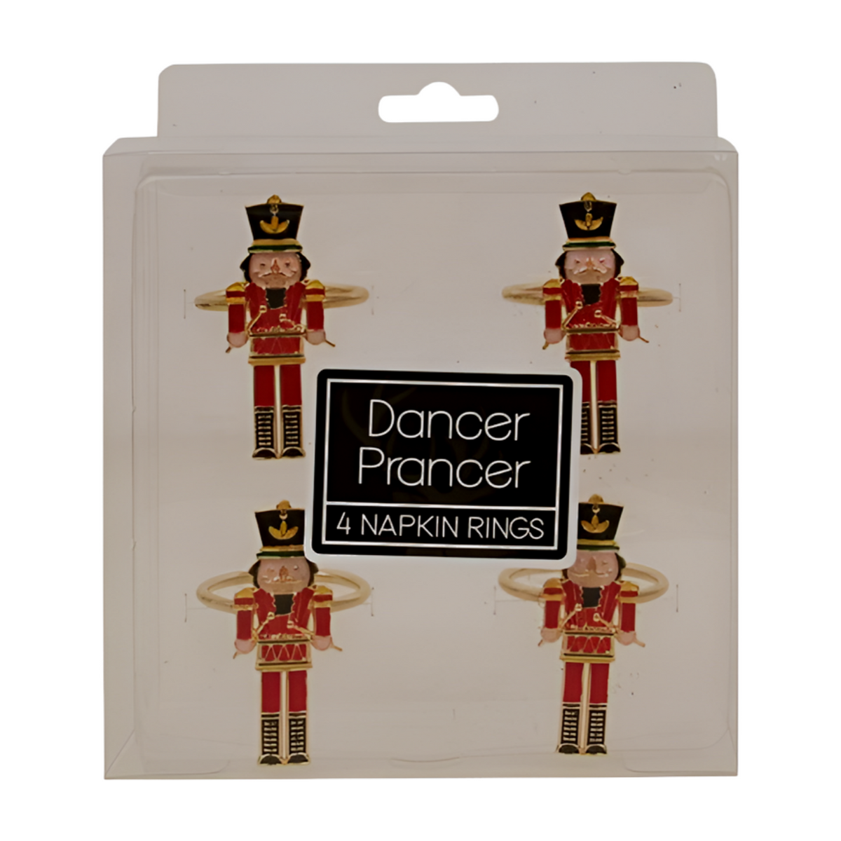 Set of four red and gold nutcracker soldier napkin rings with enamel-style detailing on gold-toned rings - packaged