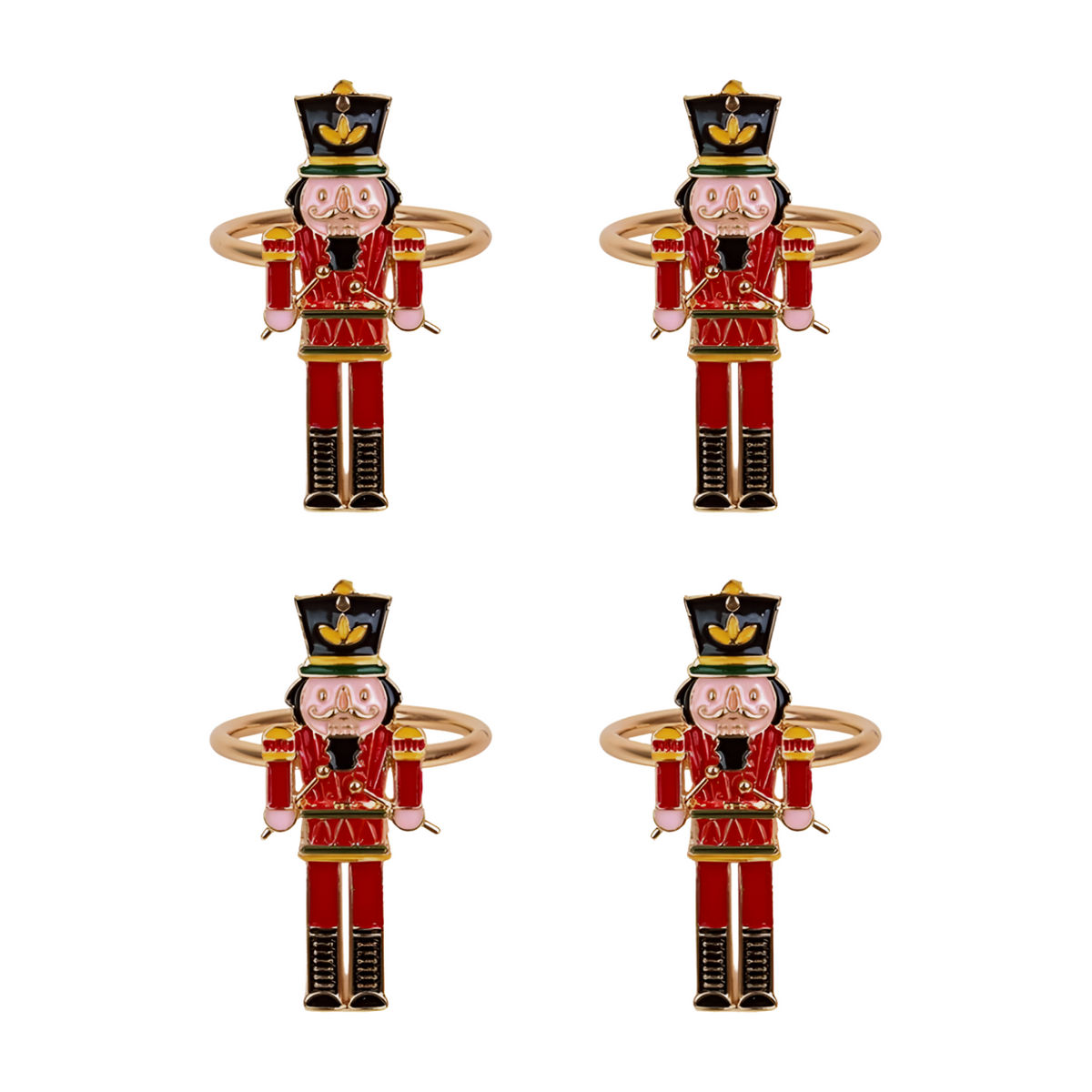 Set of four red and gold nutcracker soldier napkin rings with enamel-style detailing on gold-toned rings - set