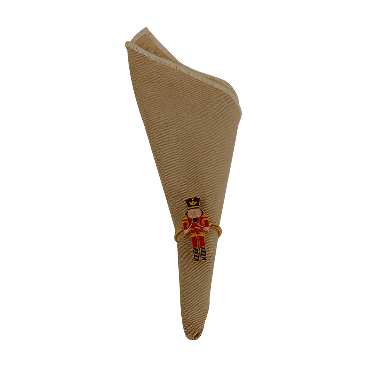 Set of four red and gold nutcracker soldier napkin rings with enamel-style detailing on gold-toned rings