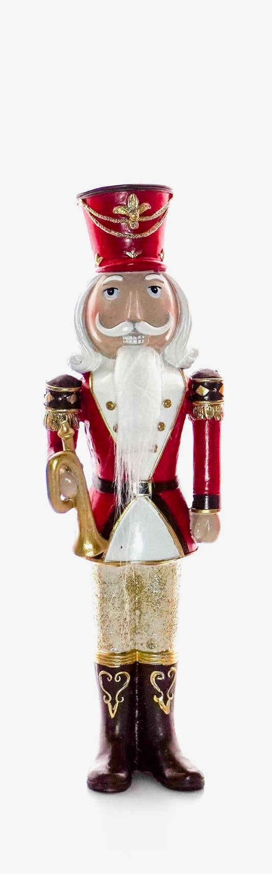 Red and gold nutcracker holding a golden trumpet with ornate detailing