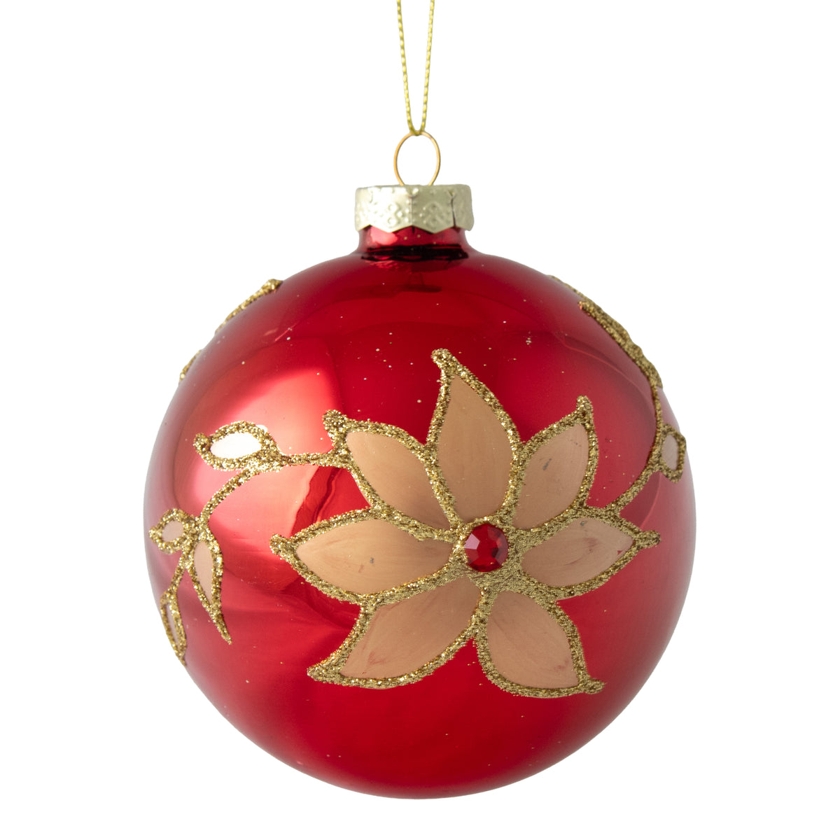 Red glass bauble with gold glitter poinsettia design and red gem centre on gold hanging cord