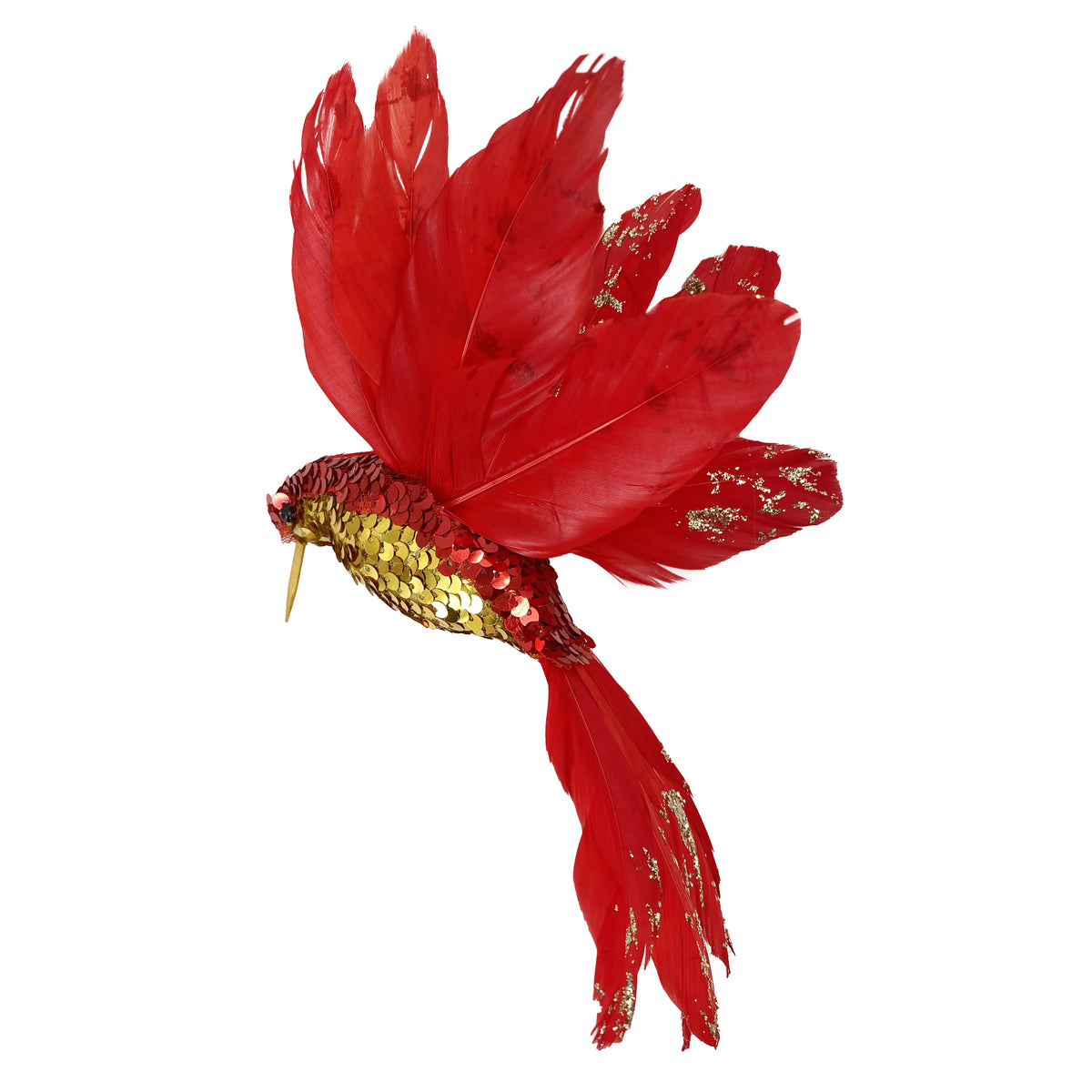  Red and gold sequin hummingbird Christmas decoration with glitter-tipped red feather wings and tail