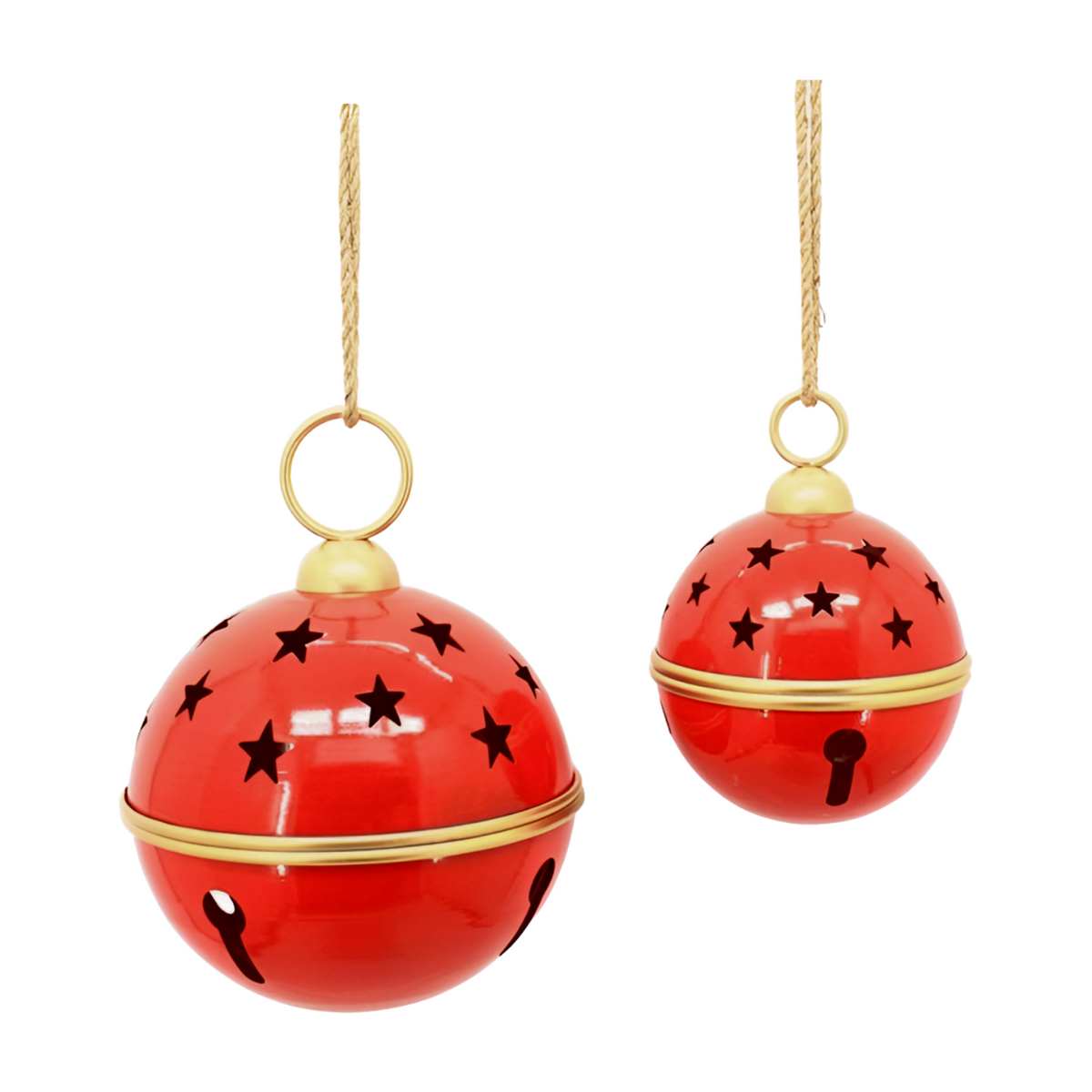 Set of two red and gold jingle bells with star cut-outs and twisted gold cord hangers, shown in two sizes