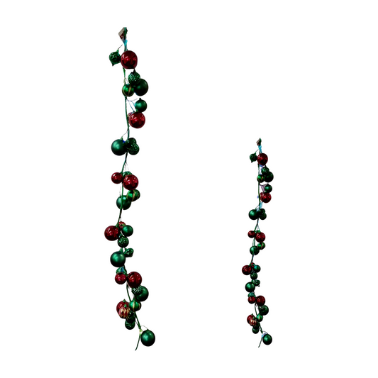 Red and green bauble garland with 36 mixed gloss and matte baubles and multicoloured LED lights