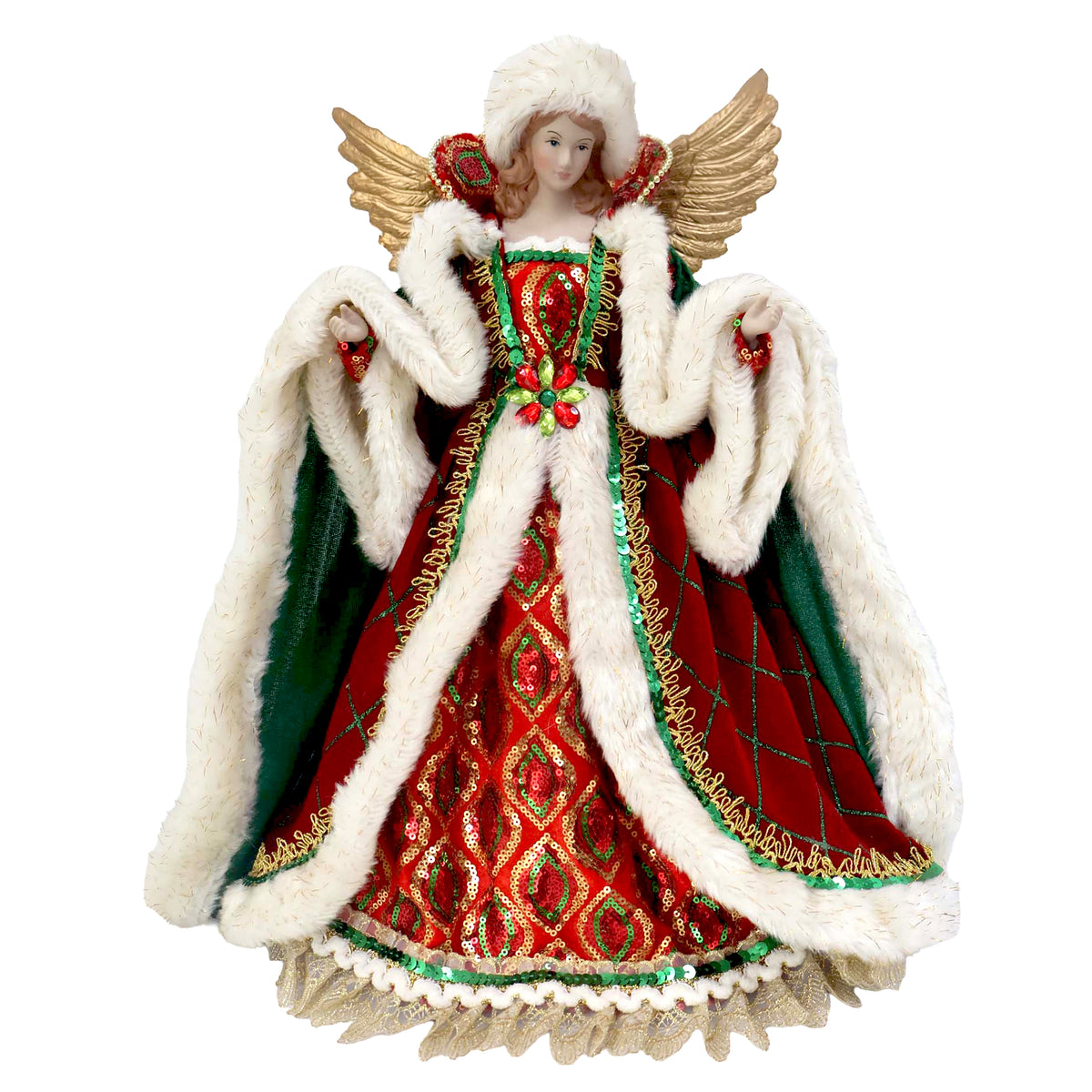 Red, green and gold angel tree topper in sequin gown with faux fur trim, jewelled brooch and gold wings