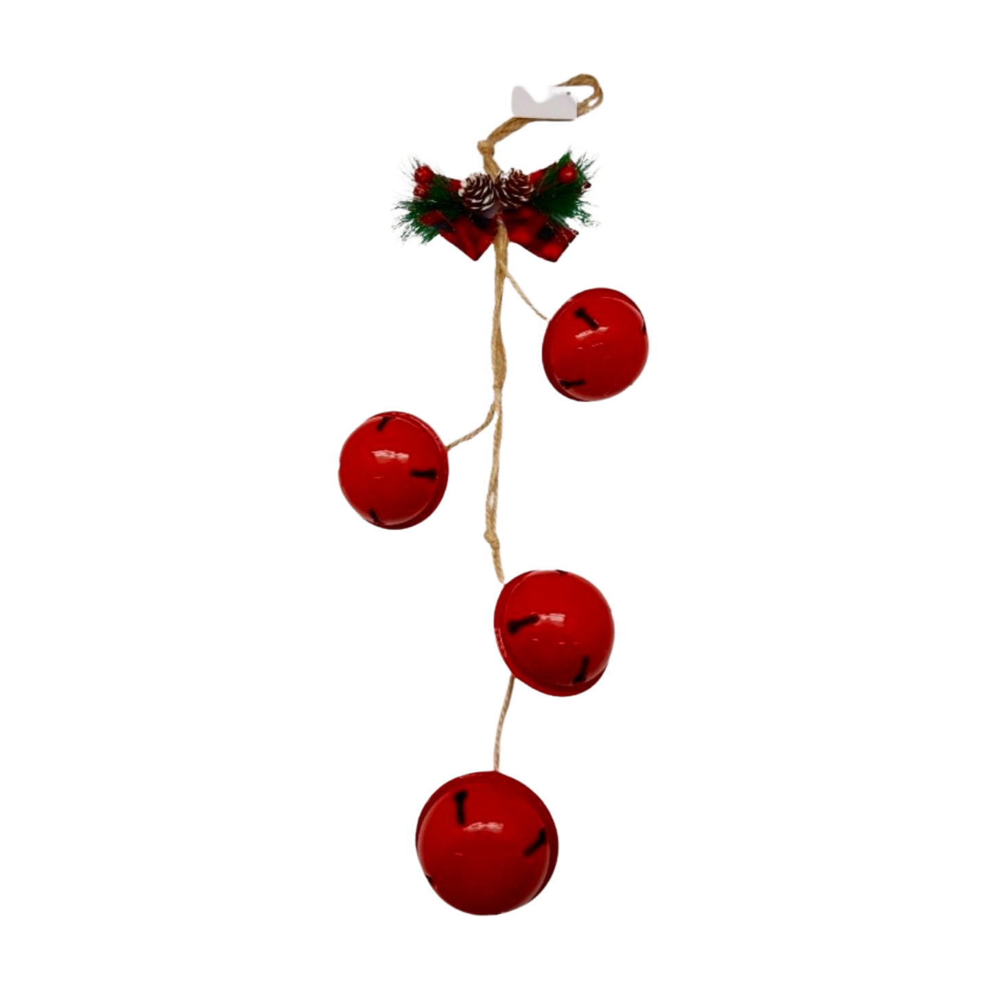 Red hanging bells with four red jingle bells on twine, topped with a buffalo plaid bow, pinecones, greenery, and red berries