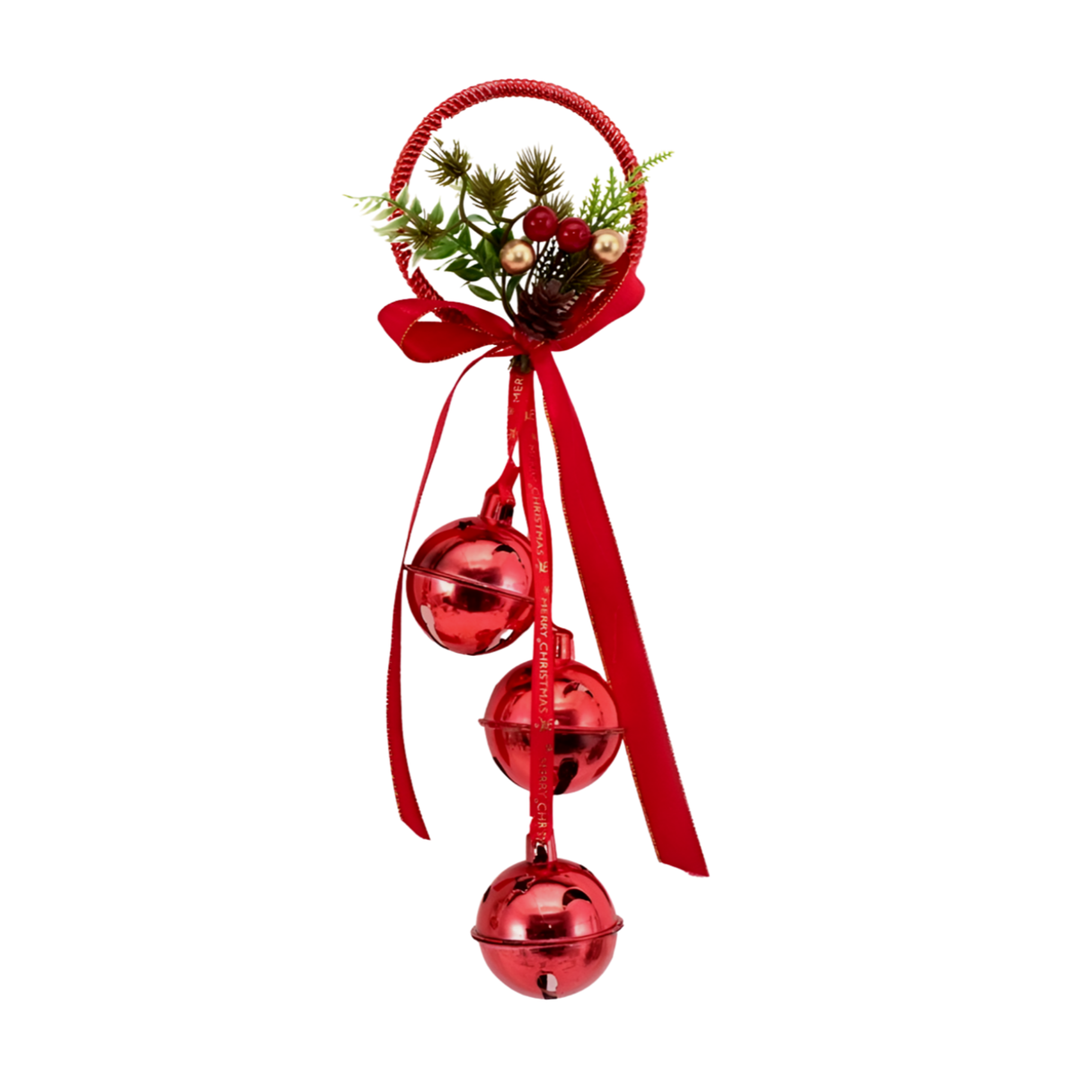 Red jingle bell door hanger with wreath ring, pine sprigs, red berries, pinecone, and Merry Christmas ribbon bow