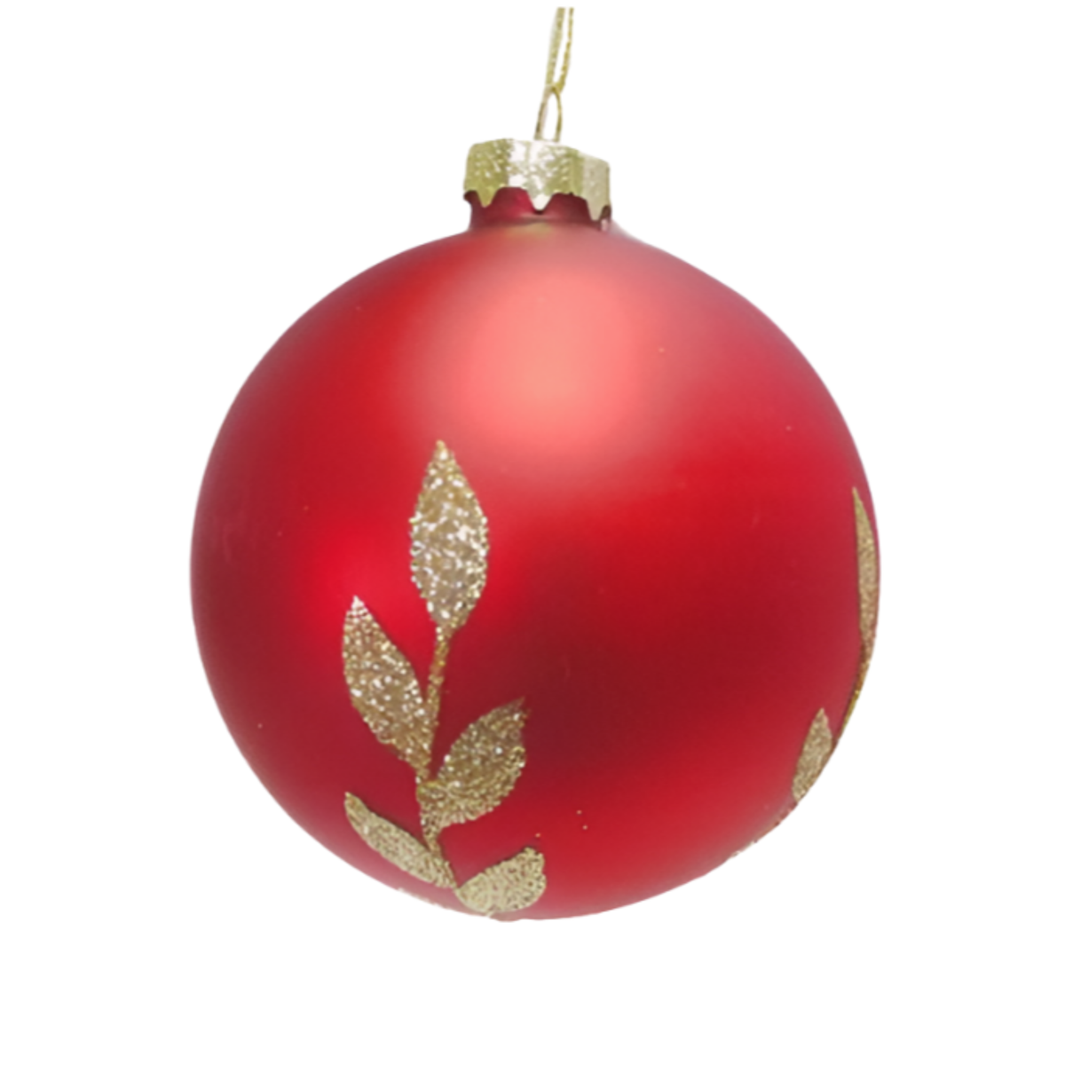 Red matte glass Christmas bauble with gold glitter foliage leaf design