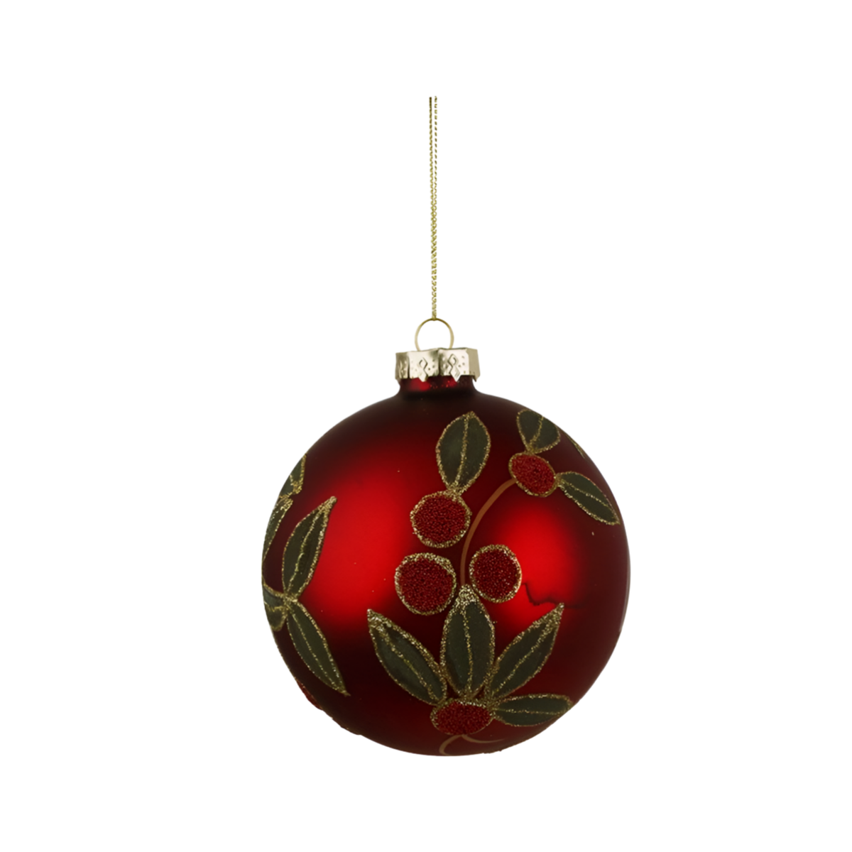 Red matte glass Christmas bauble with hand-painted glitter-edged green leaves and raised red berries, silver cap and gold cord