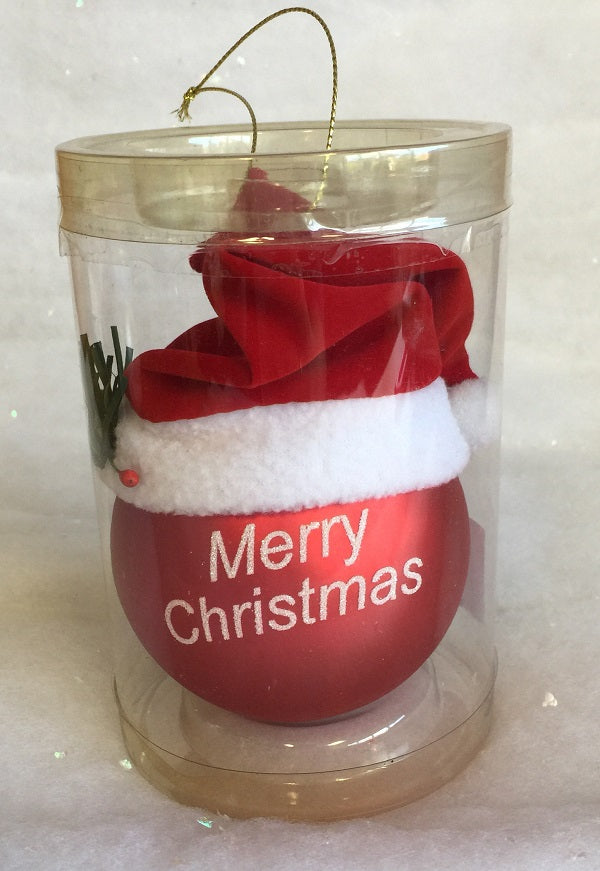 Red Christmas ball with 'Merry Christmas' text inside a clear plastic container on a white background.
