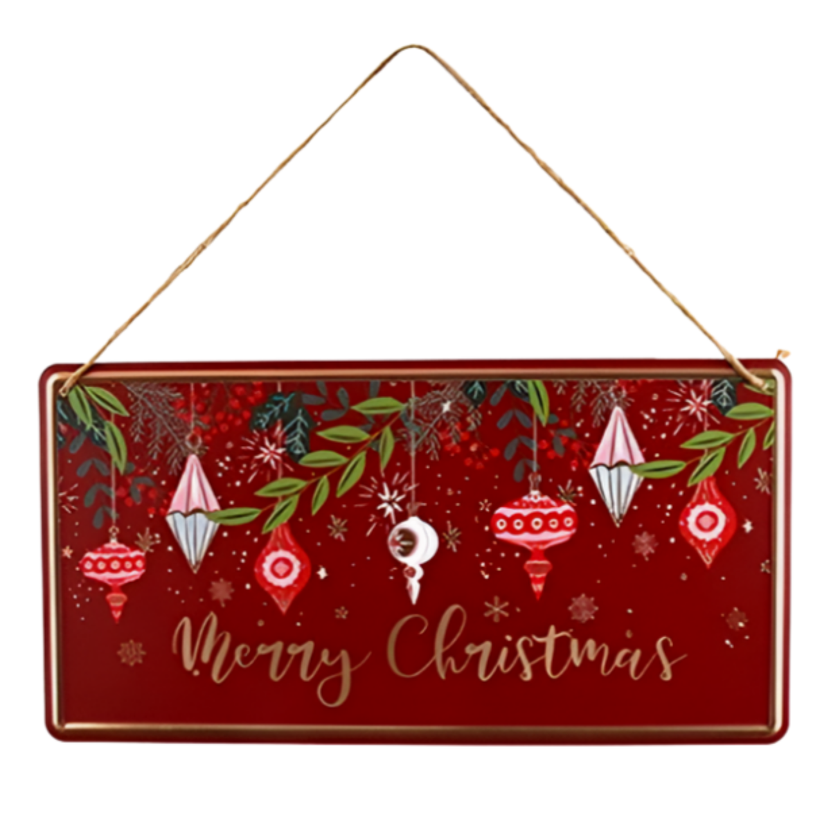 Red rectangular hanging Christmas sign with illustrated baubles, garland and Merry Christmas in gold script on a gold cord