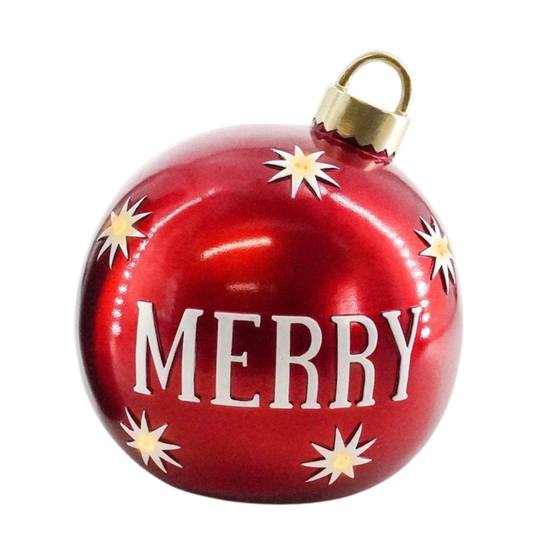 Glossy red ornament decoration with white MERRY lettering and white stars