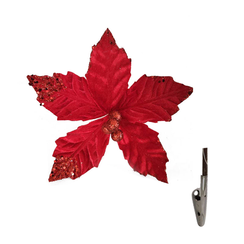 Red poinsettia flower with glitter edges and central berries, attached to a metal clip
