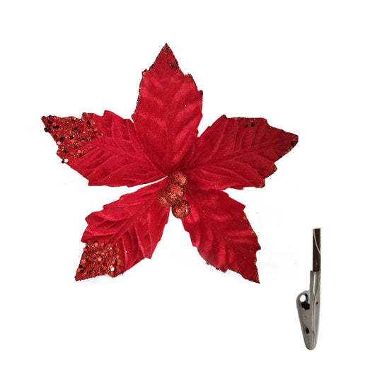 Red poinsettia flower with glitter edges and central berries, attached to a metal clip
