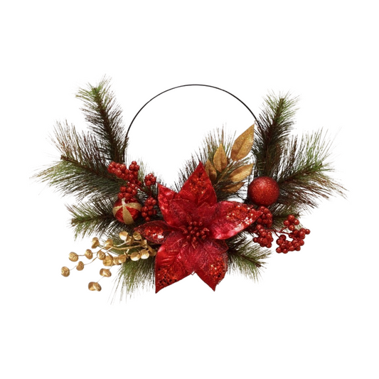 Red poinsettia wreath with pine greenery, gold leaves, red berries, and ornaments on a metal hoop frame